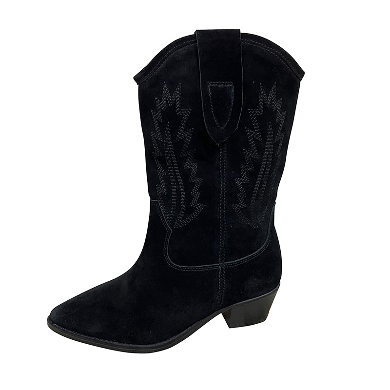 Womens Western Embroidered Short Boots Block Heel - Suede Black/Black Cowgirl Boots All Genuine Leather