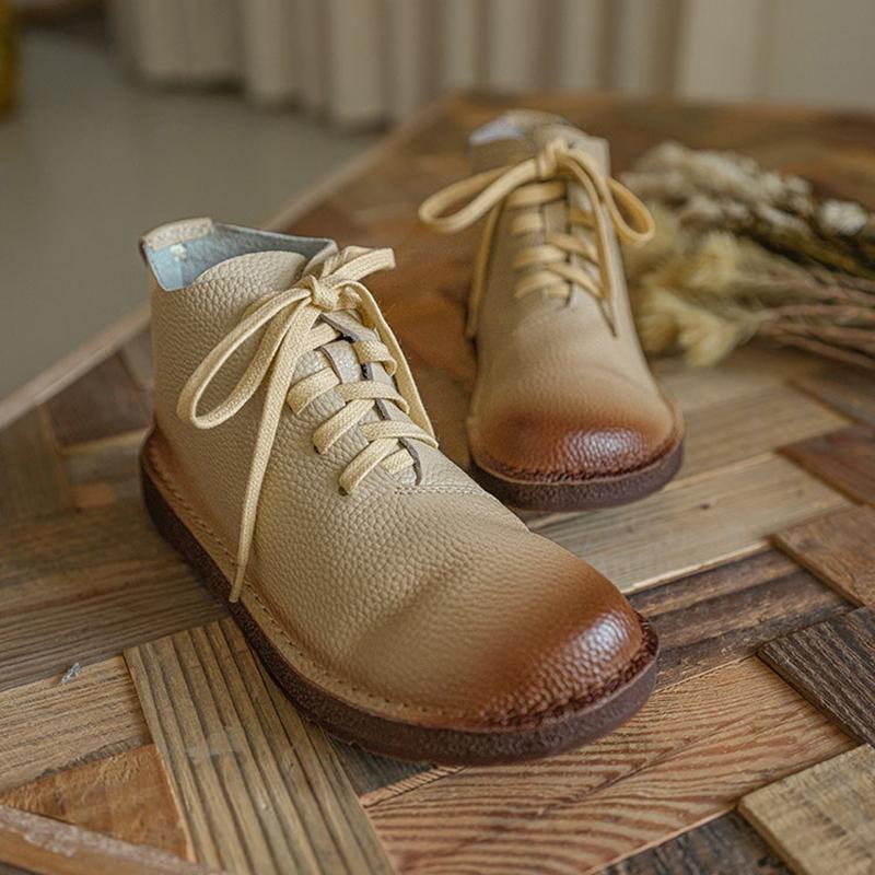 Handmade Genuine Leather Boots Lace-Up Combat Boots Retro Chunky Ankle Boots Coffee/Brown/Off White