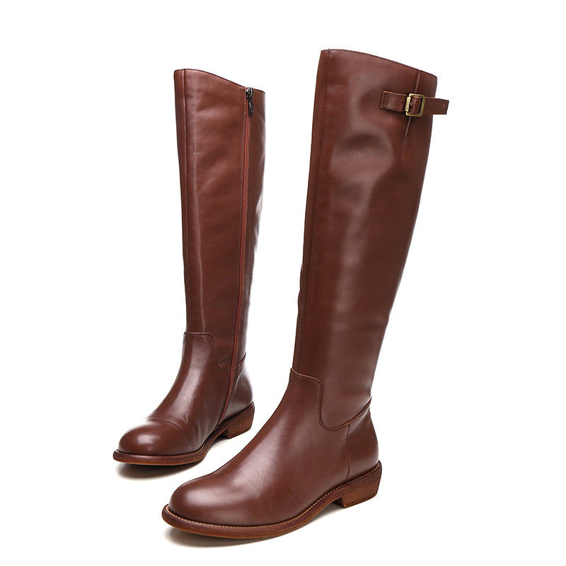 Handmade Soft Leather Knee High Boots Side Zip Riding Boots Short Plush Lining in Black/Brown