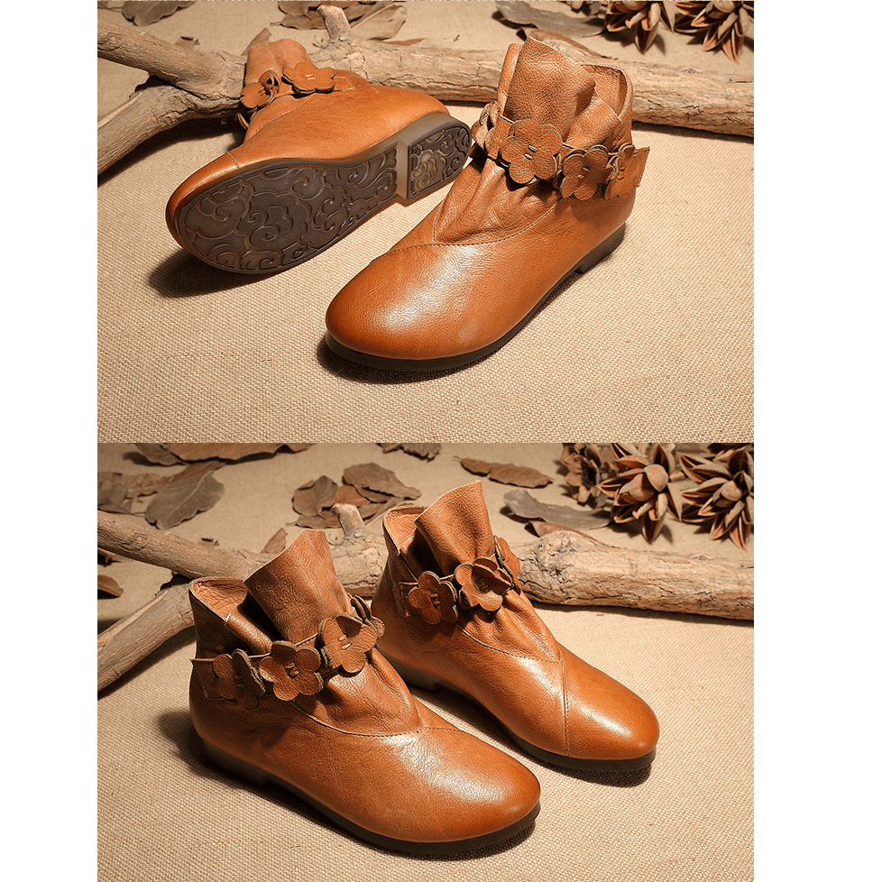 Leather Work Combat Boots Handmade Women Boots With Flowers Chelsea Boots Oil-Wax