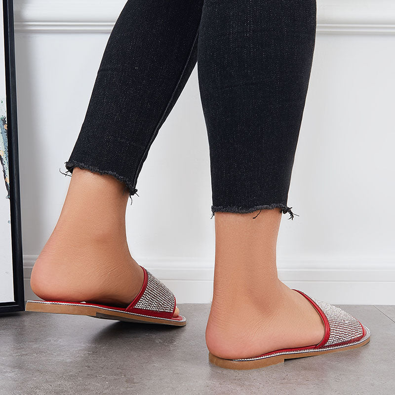 Rhinestone Slip on Flat Slide Sandals Glitter Open Toe Casual Slippers
