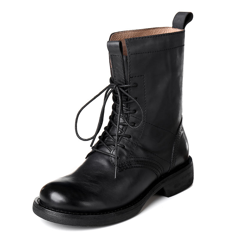 Retro Short Boots Women Handmade Genuine Leather Boots Biker Boots Coffee/Black