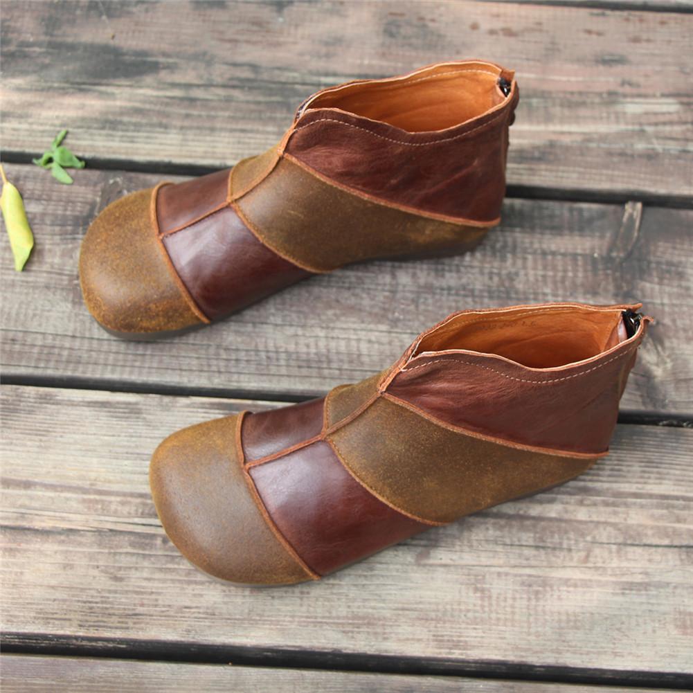 Women Handmade Leather Flats Loafers Boots Color Blocking Ankle Boots Original Design Coffee/Black