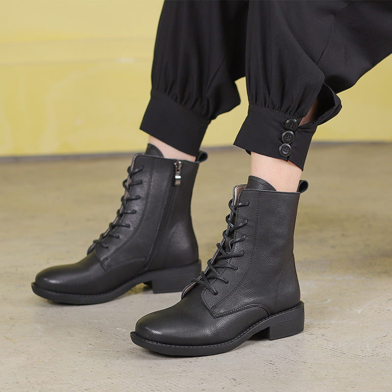 Winter Boots Handmade Genuine Leather Lace-Up Combat Boots Retro Boots Chunky Ankle Boots Black/Coffee