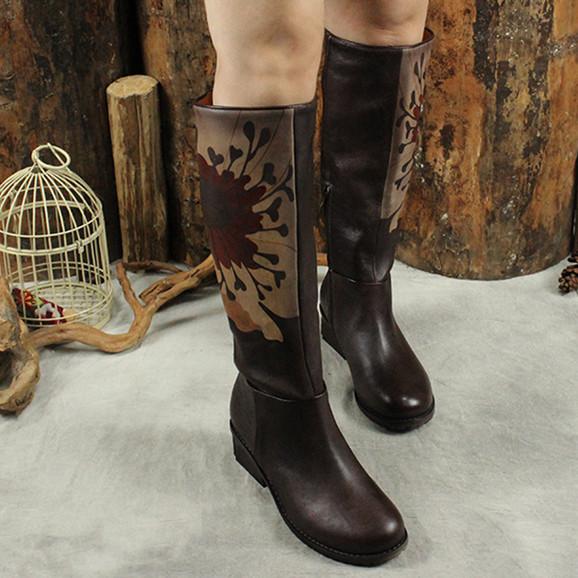 Handmade Leather Knee High Boots Block Heel Biker Boots Retro Flowers