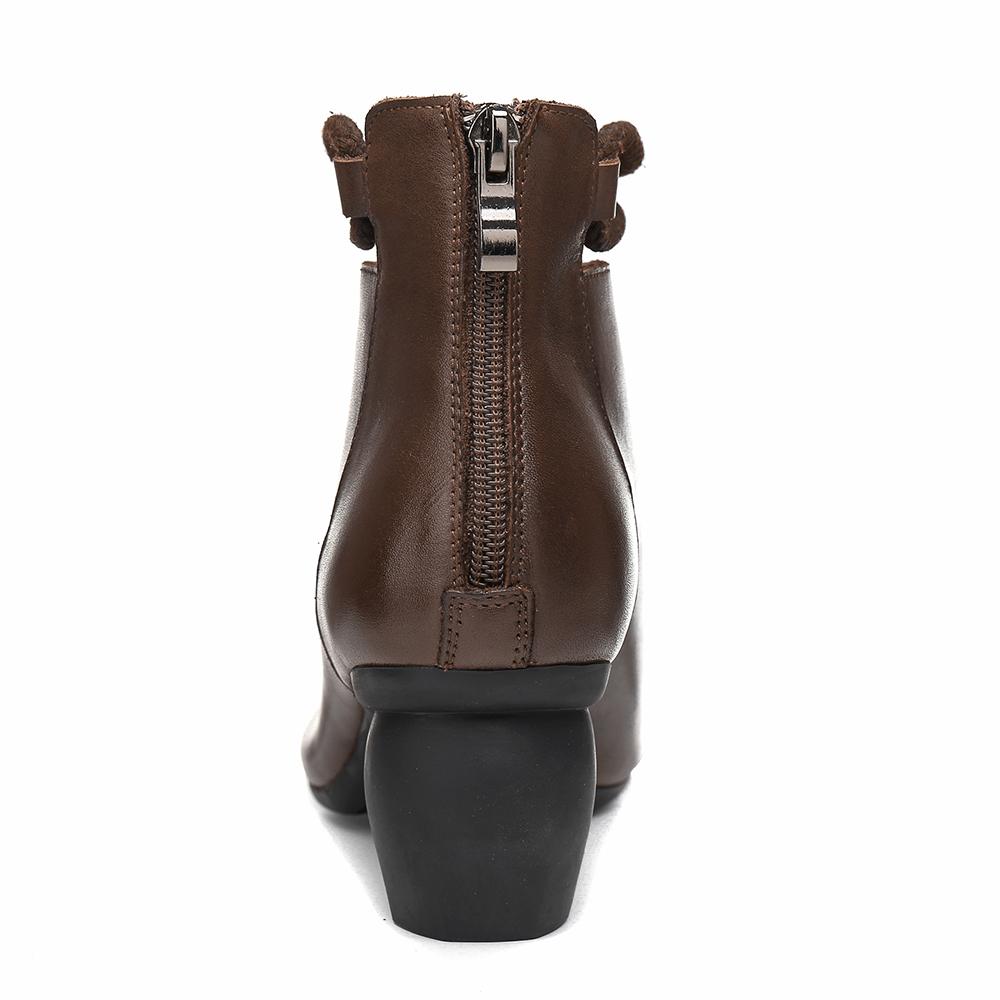 Retro Round Toe Women Ankle Boots Block Heels Back Zipper Coffee/Black