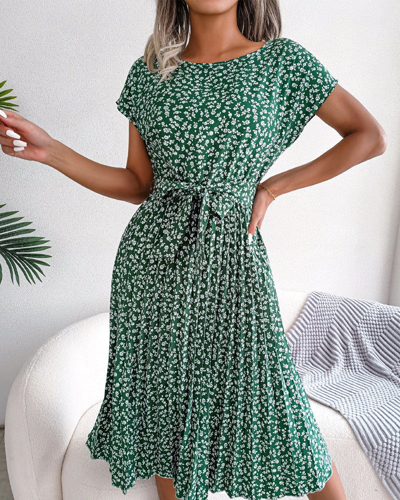 Short sleeve floral print tie dress