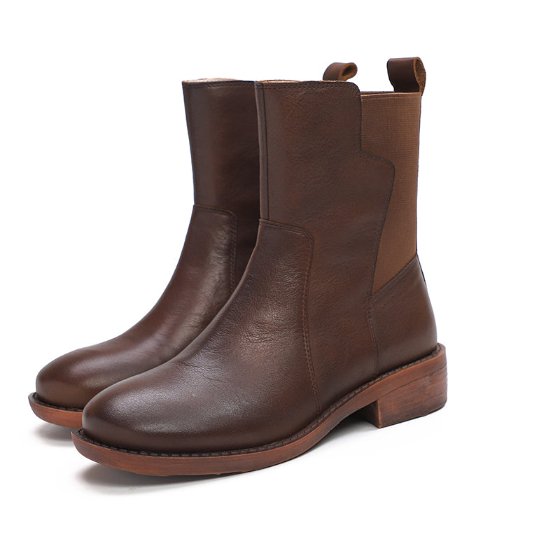 Retro Cowhide Boots Women Comfy Zip Walking Coffee