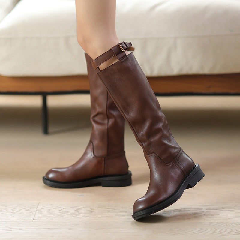 Riding Boots for Women In Black/Brown Leather Round Toe- Embellished Leather Boots