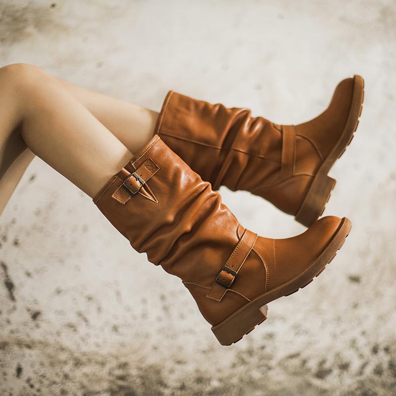 Waxing Leather Mid Calf Boots Fold Design Riding Boots Short Plush Lined Or Leather For Choice Apricot/Brown/Black