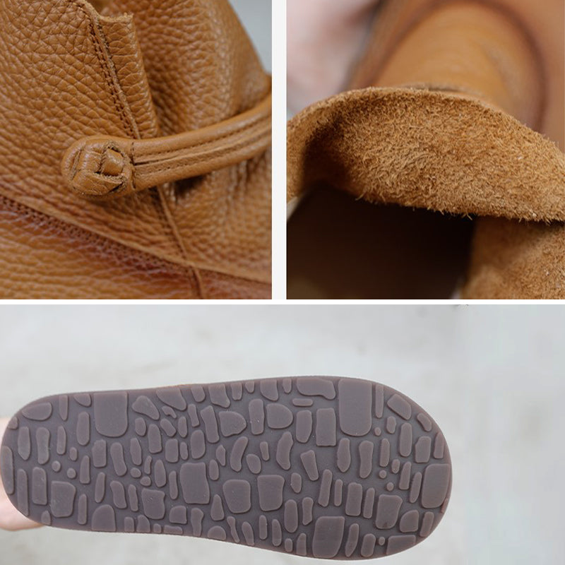 Retro Genuine Leather Soft Flat Boots For Women Round Toe Mori Girl Style Brown/Coffee