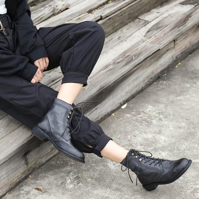 Handmade Wingtip Shoes Leather Boots Block Carving Brogue Ankle Boot For Women Black/Coffee