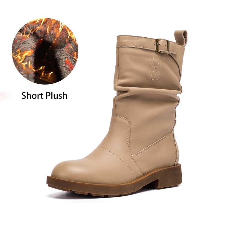 Soft Leather Mid Calf Boots Fold Design Riding Boots Short Plush Lined For Winter