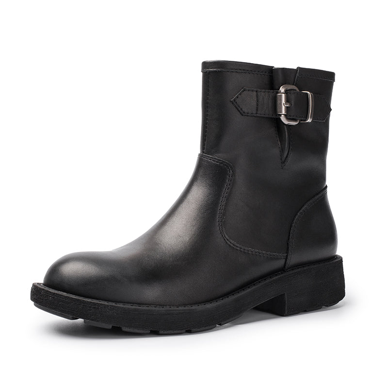 Handmade Leather Short Boots Chunky Buckle Boots in Black