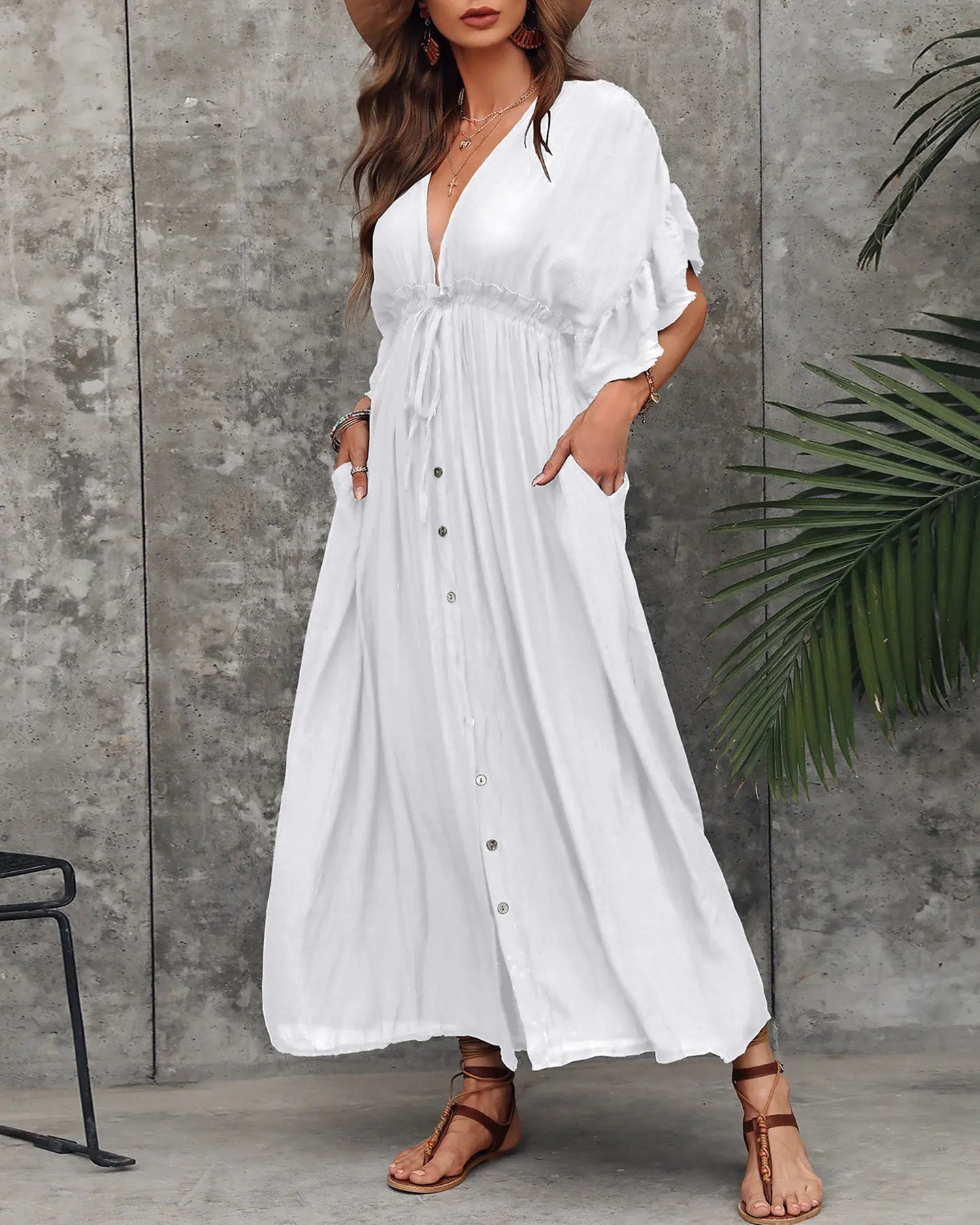 Ruffles Plunge Button Design Drawstring Casual Dress