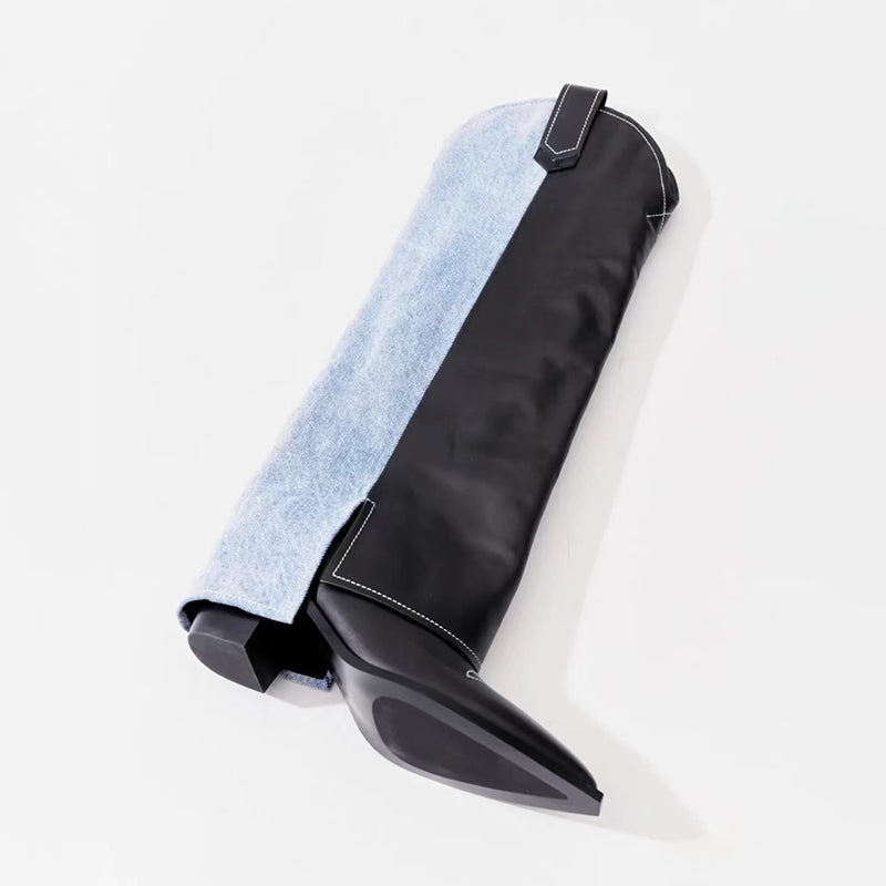 Wide-Shaft Wedge Leather Boots Riding Boots for Women In Black/Blue - Foldover Leather Tall Boots