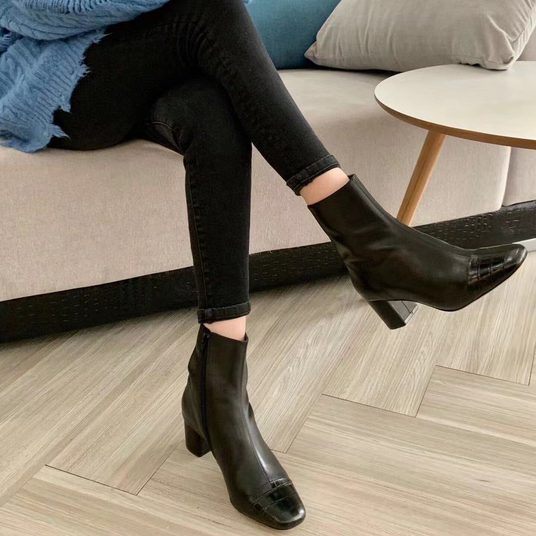 Classic Elegant Ankle Boots Mid Heel Sheepskin Elastic Boots Black