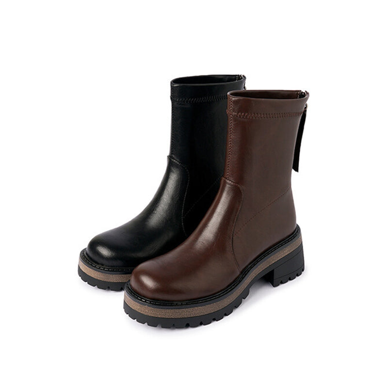 Classic Platform Chelsea Boots Handmade Genuine Leather Stretch Boots in Black/Coffee