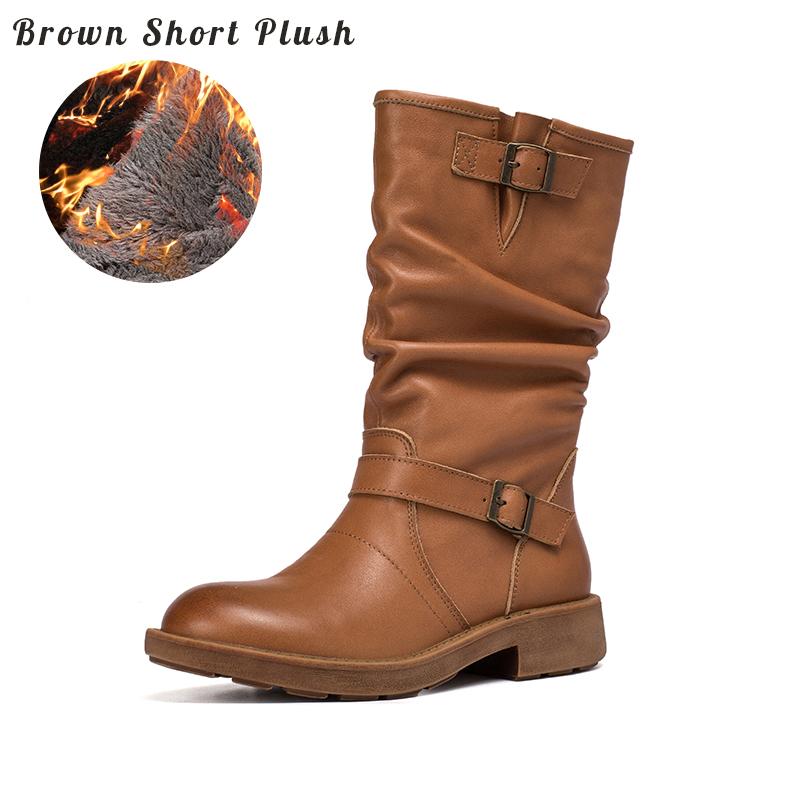 Waxing Leather Mid Calf Boots Fold Design Riding Boots Short Plush Lined Or Leather For Choice Apricot/Brown/Black