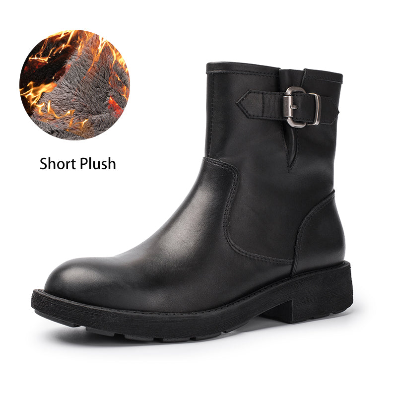 Handmade Leather Short Boots Chunky Buckle Boots in Black
