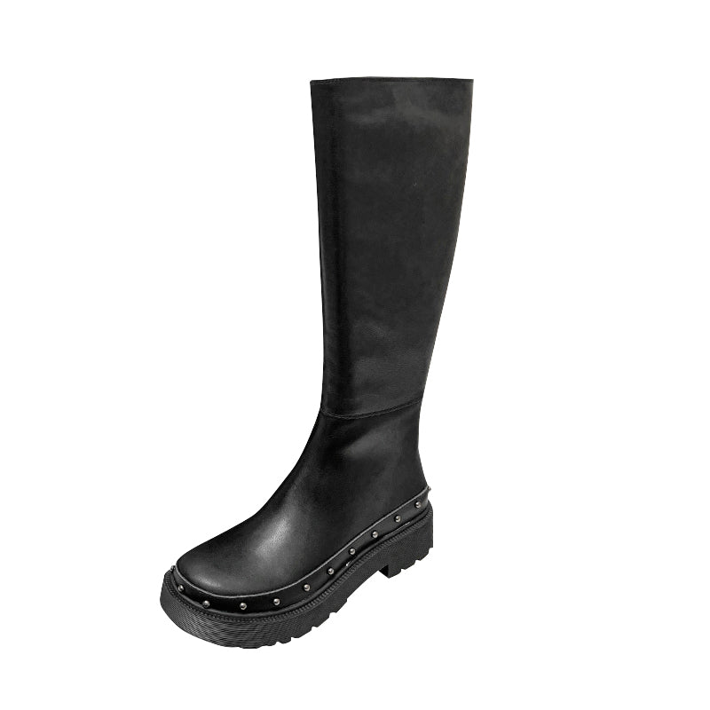 Riding Boots for Women in White/Black Leather - Chunky Sole Tall Boots