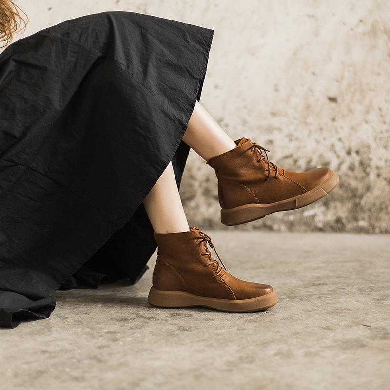Lace Up Boots for Women Handmade Leather Flat Ankle Boots Brown/Coffee/Black
