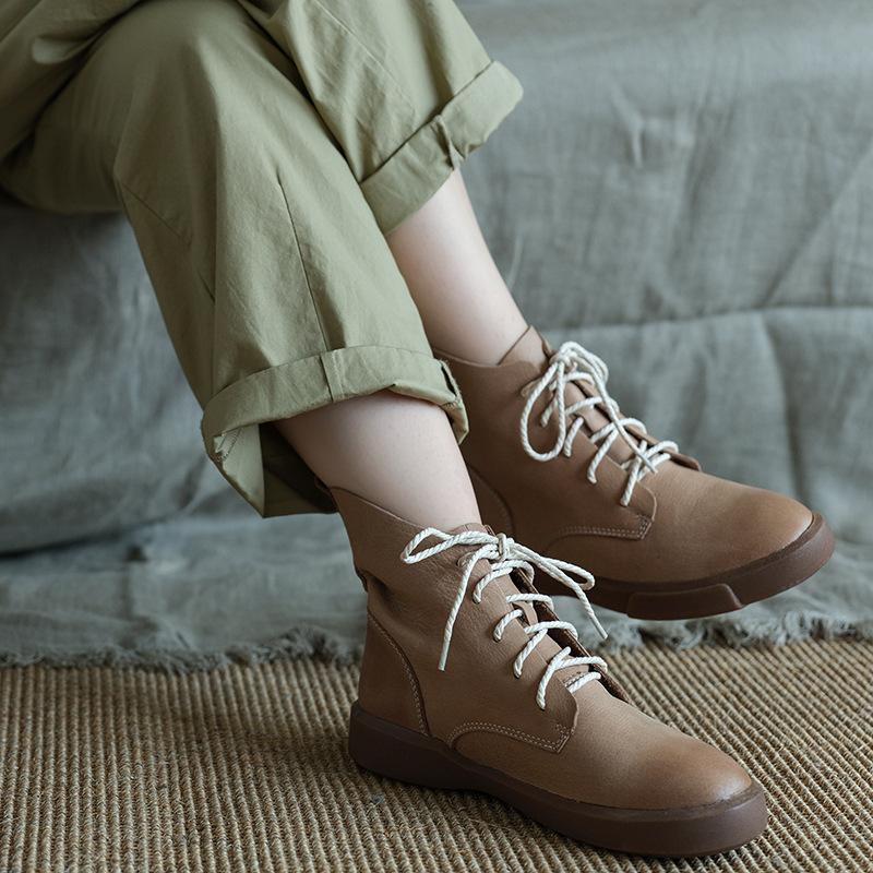 Handmade Genuine Leather Biker Boots Lace-Up Combat Boots Retro Chunky Ankle Boots 2020 Winter Boots Khaki/Dark Grey