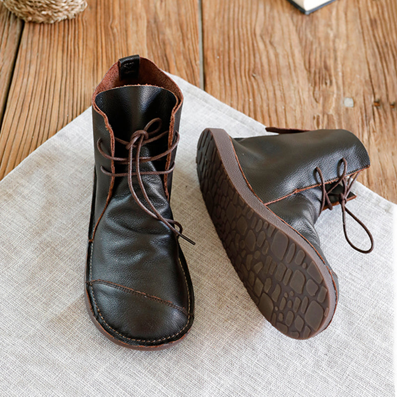 Handmade Women Calf Leather Booties Round Toe Lace-Up Flat Shoes Ankle Boots Brown/Coffee