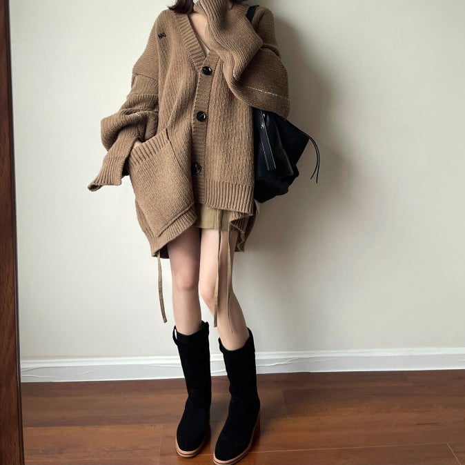 Womens Suede Leather Mid Calf Boots In Black/Khaki