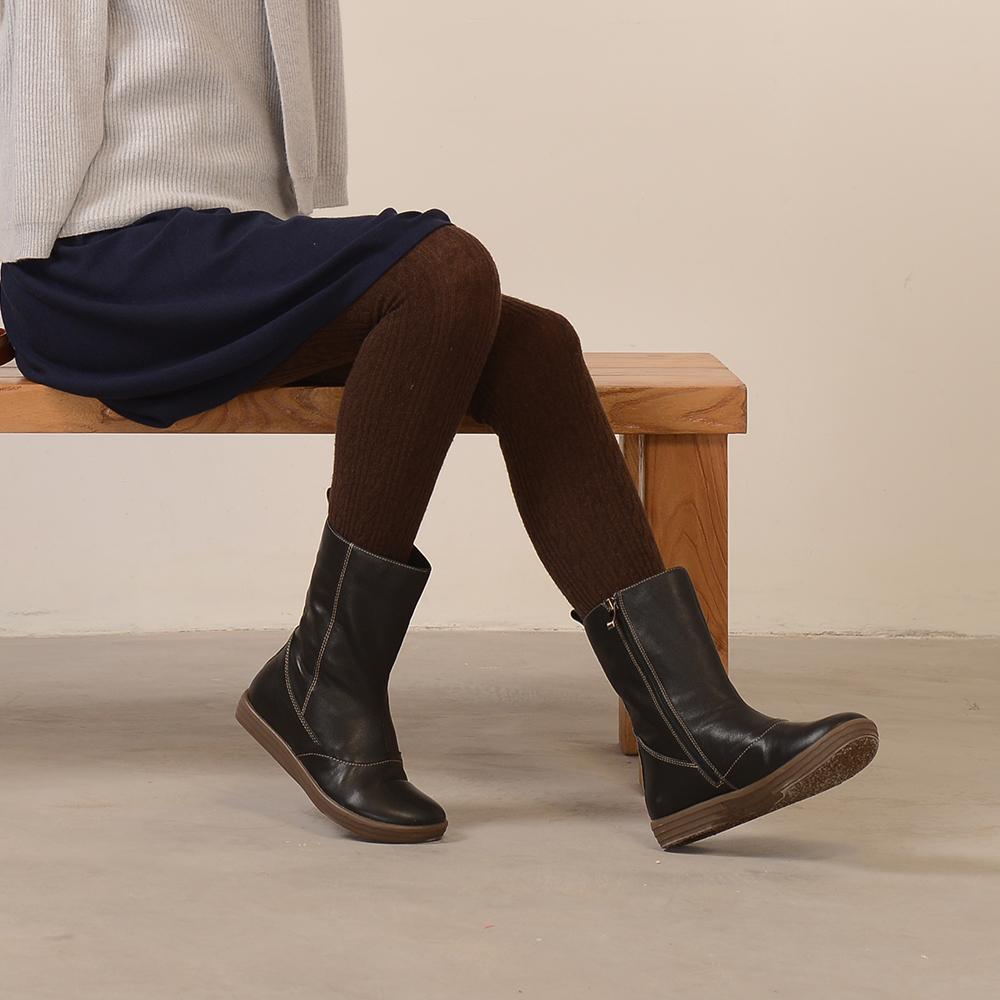 Wide Fit Handmade Leather Side Zip Calf Length Boots For Winter Designer Shoes Exquisite Suture Black/Khaki