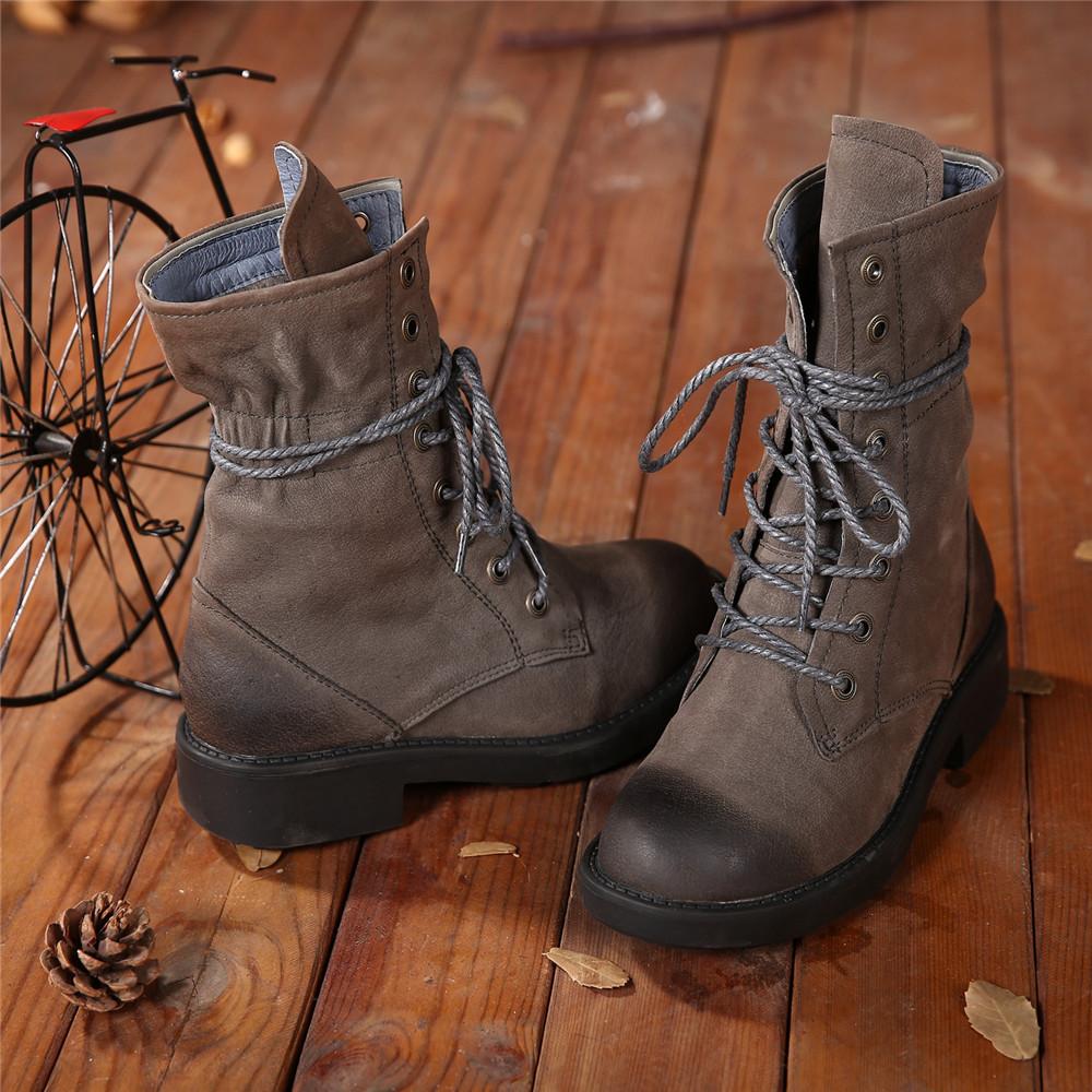 Women Retro Leather Lace Up Combat Boots Black/Brown/Khaki
