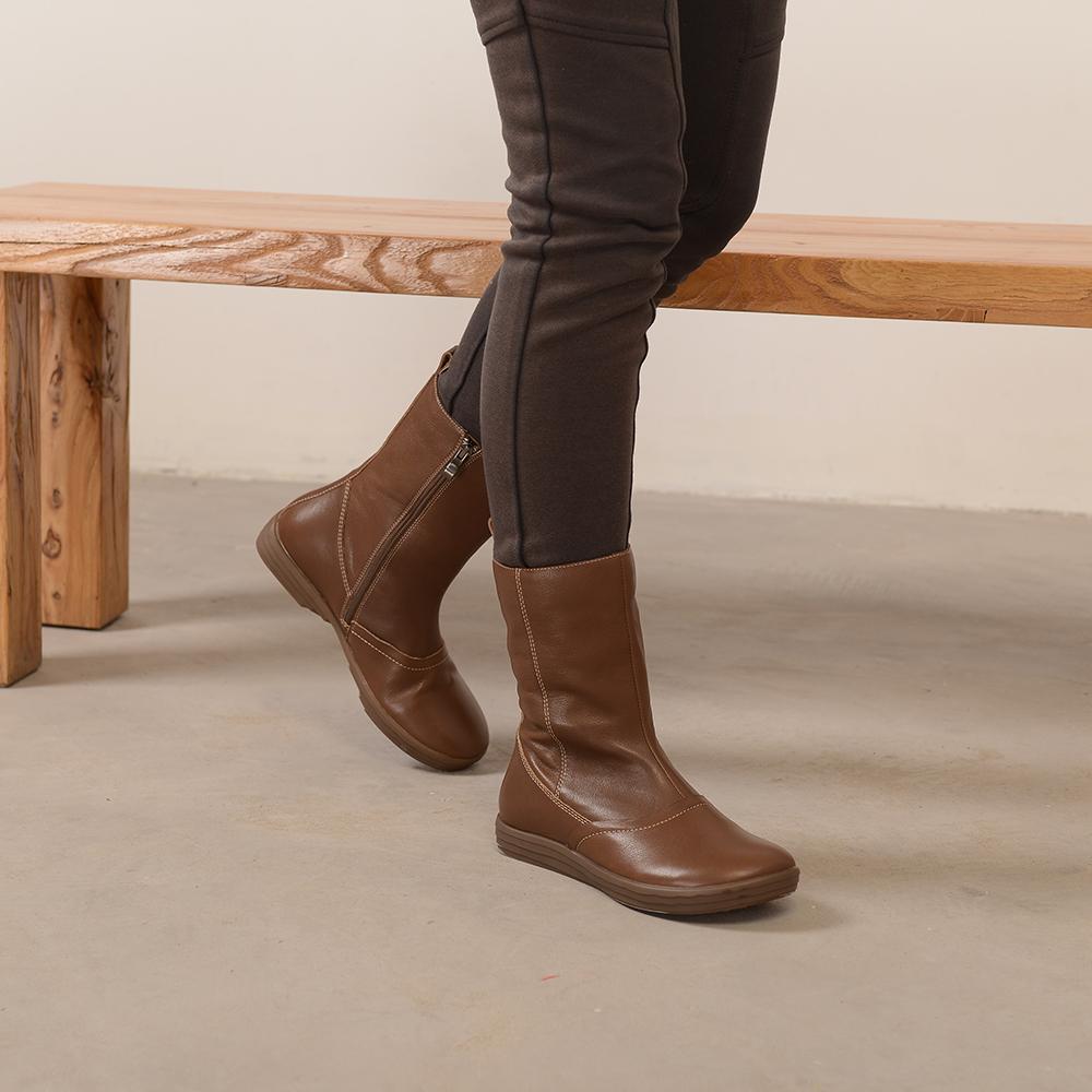 Wide Fit Handmade Leather Side Zip Calf Length Boots For Winter Designer Shoes Exquisite Suture Black/Khaki
