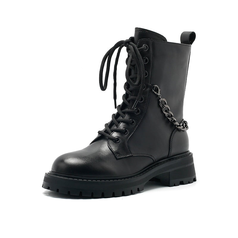 Leather Short Boots Lace up Combat Boots with Metal Chain Detail in Black