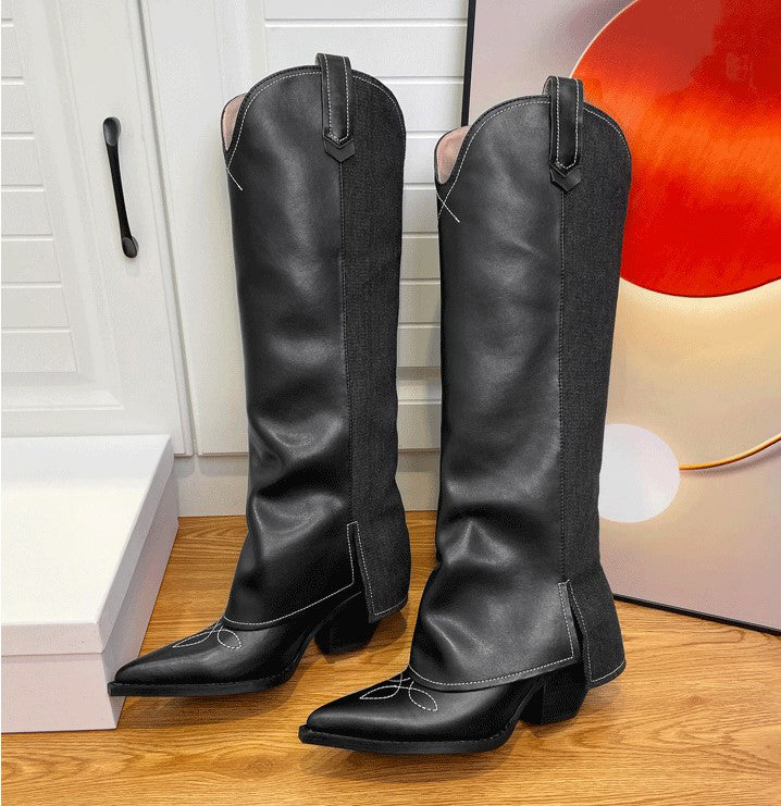 Wide-Shaft Wedge Leather Boots Riding Boots for Women In Black/Blue - Foldover Leather Tall Boots