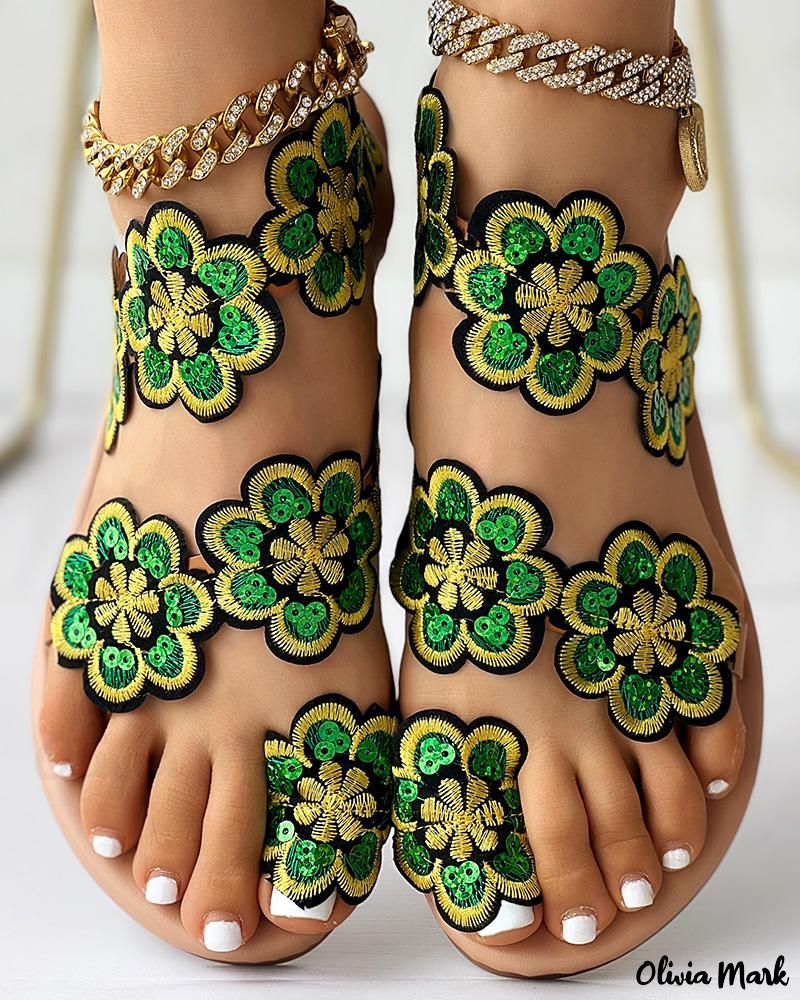 Floral Pattern Toe-Ring Flat Sandals
