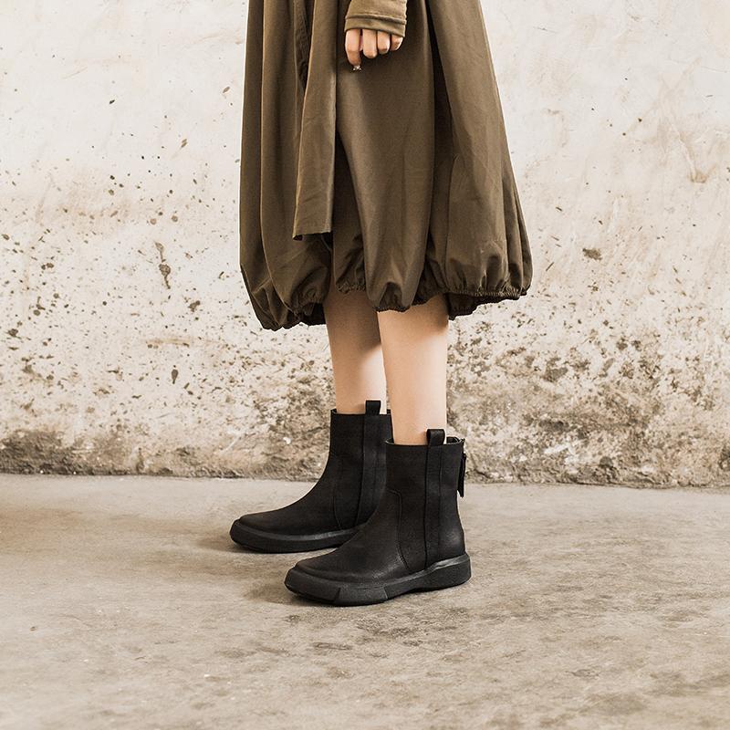 Waxing Leather Chelsea Boots Handmade British Boots Back Zip Black/Coffee/Black Short Plush/Coffee Short Plush