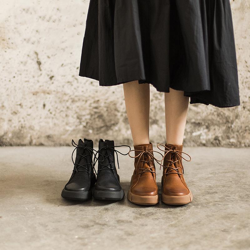 Lace Up Boots for Women Handmade Leather Flat Ankle Boots Brown/Coffee/Black