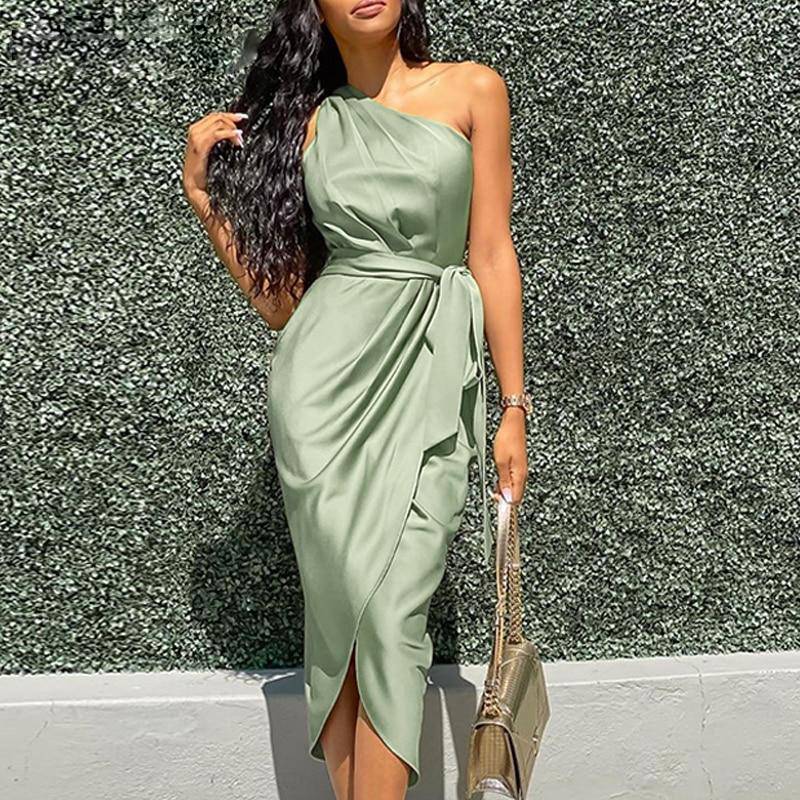 Vintage Asymmetrical One Shoulder Sleeveless Bodycon Women Dress