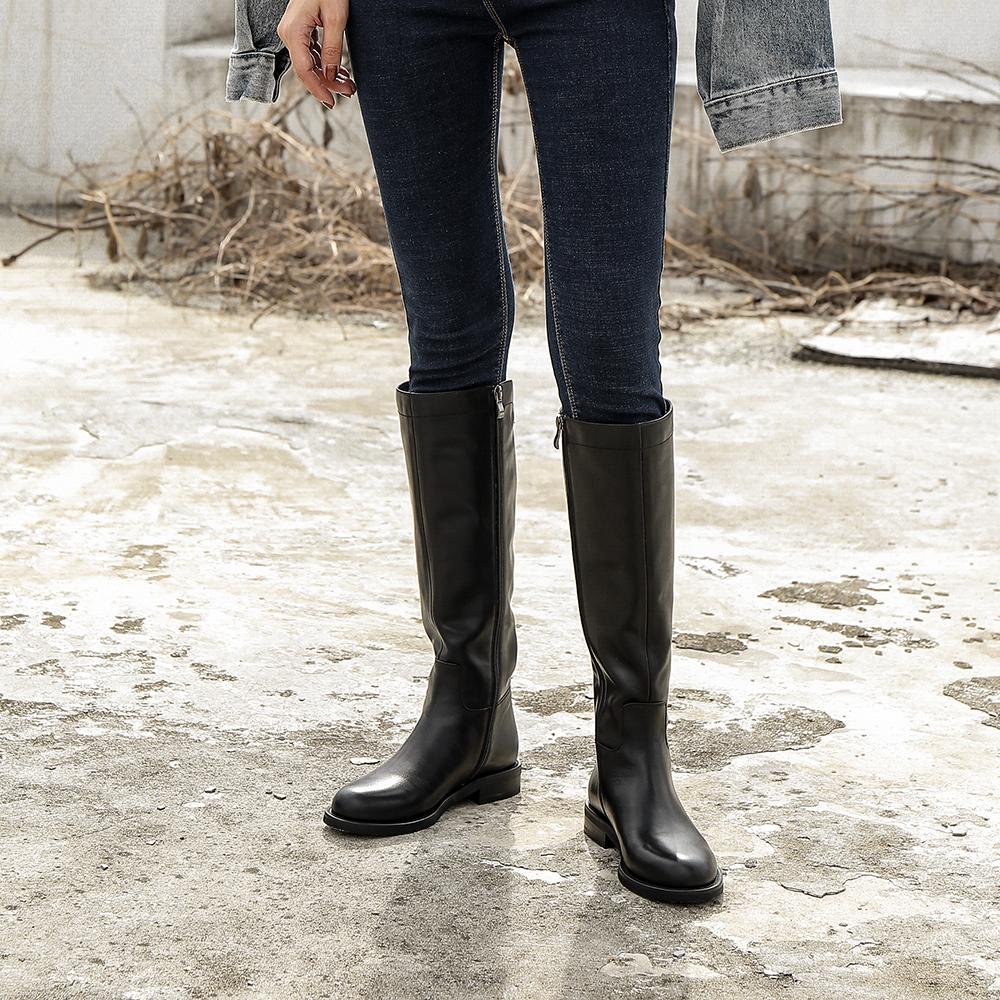 Handmade Soft Leather Knee High Boots Side Zip Riding Boots Black Short Plush