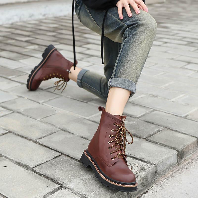 Women Leather Lace-Up Oxfords Round Toe Ankle Booties Black/Coffee