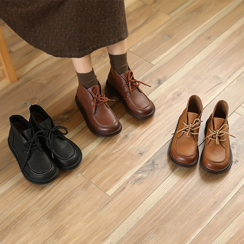 Soft Leather Ankle Boots Retro Round Toe Short Boots Women Mori Girl Boots Handmade