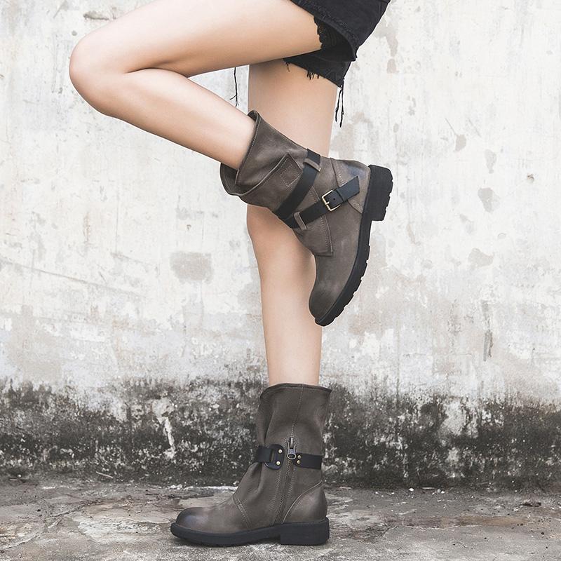 Womens Retro Leather Mid Calf Boots for Winter Buckles Boots in Coffee/Black/Grey/Deep Grey