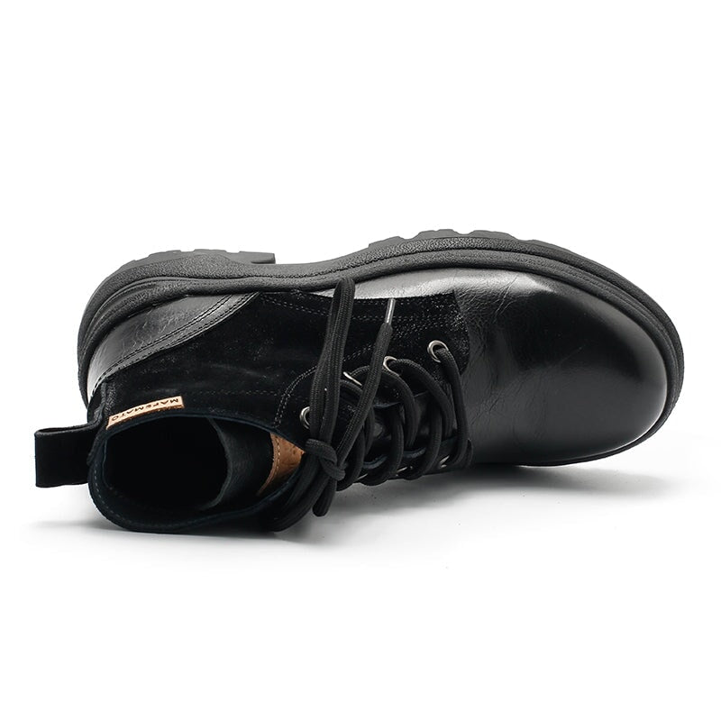 Leather Boots Designer Retro Chunky Riding Boots Handmade in Black/Black Short Plush