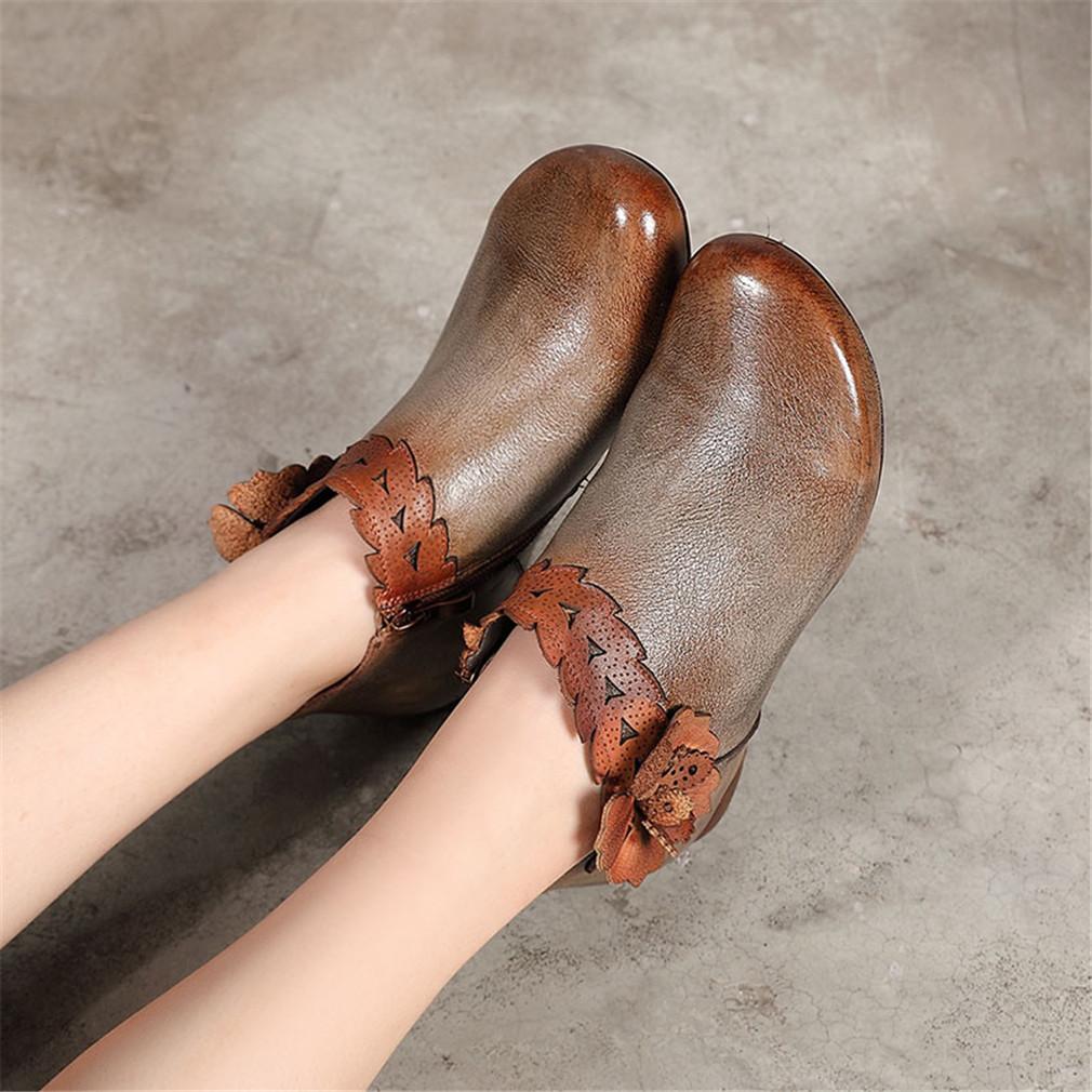 Retro Booties For Women Brush-Off Leather Handmade Flat Ankle Boots Taupe