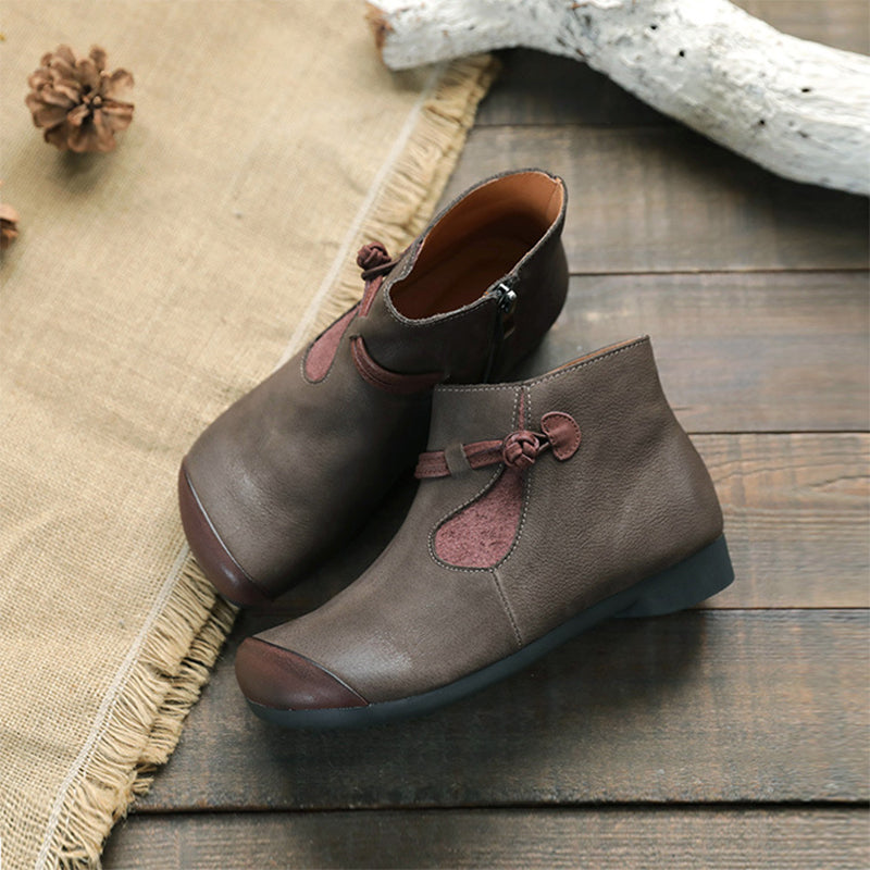 Women Calf Leather Ankle Boots Round Toe Flat Lace-Up Boots White/Brown/Coffee