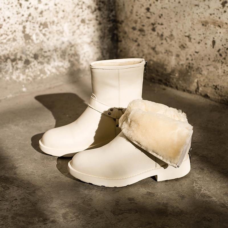 Waxing Leather Buckle Boots Handmade British Boots Fleece Lined Snow Boots Black/White/Coffee