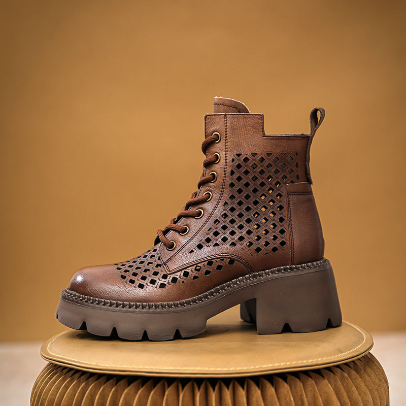 Women's Ankle Booties Round Toe Design Cut Out Boots Brown/Khaki