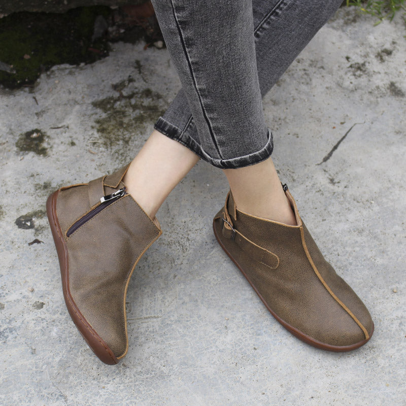 Women Ankle Boots Leather Handmade Mori Girl Shoes Flats Grey