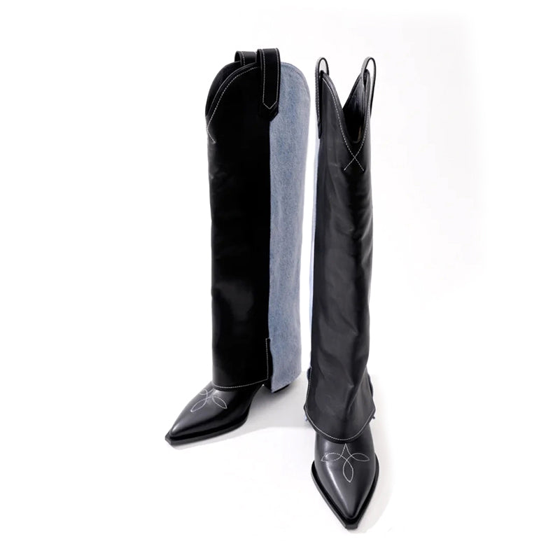 Wide-Shaft Wedge Leather Boots Riding Boots for Women In Black/Blue - Foldover Leather Tall Boots