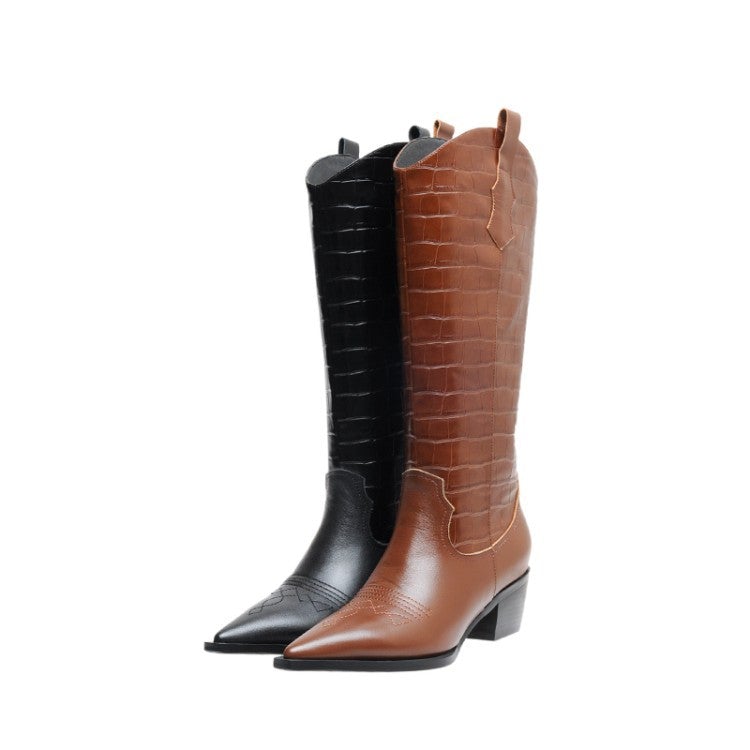 Western R Toe Boots Cowboy Boots Roper Cowgirl Boots Handmade Genuine Leather in Black/Brown - HIGH WESTERN BOOTS